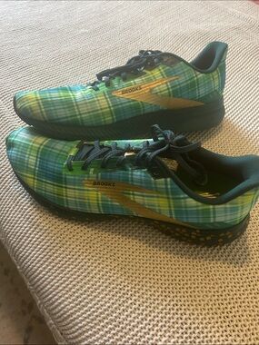 Brooks Mend Plaid Green and Teal Sneakers with Gold Accent - Launch 8